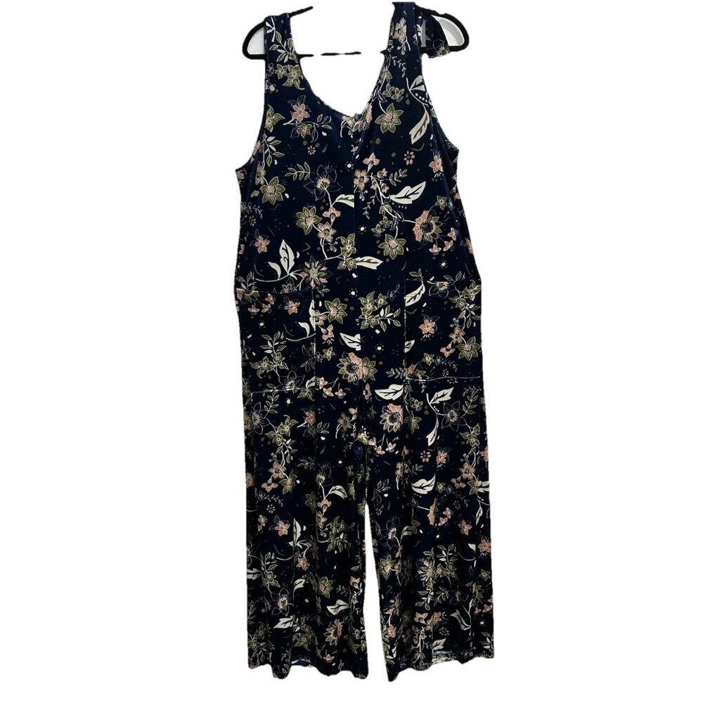 Earthbound Blue Velvet Floral Sleeveless Wide Leg Jumpsuit Bohemian Hippie Sz XL